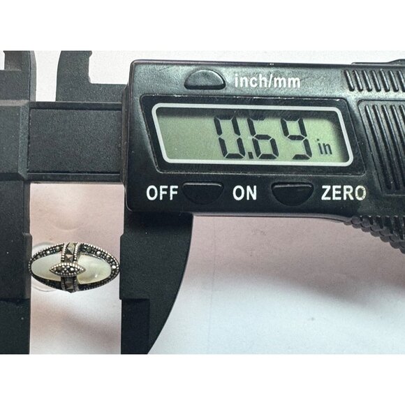 Estate Sterling Silver 925 Oval Marcasite Mother of Pearl EZ Back Stud Earrings - Picture 7 of 8